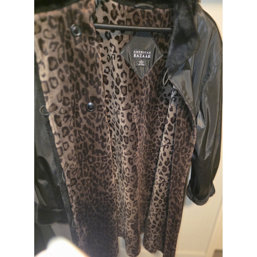American Bazaar Women's 1X‎ Black w/ Leopard Lining All Weather Winter Rain Coat - Picture 10 of 16